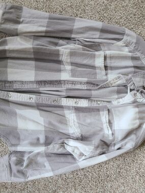 Neutral Beige and White Plaid Button-Up Shirt